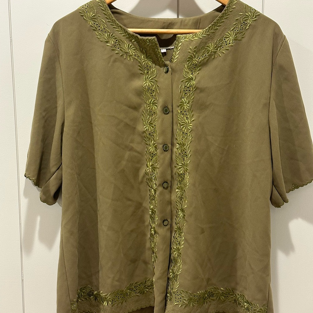 Olive Green Embroidered Short-Sleeve Women's Top
